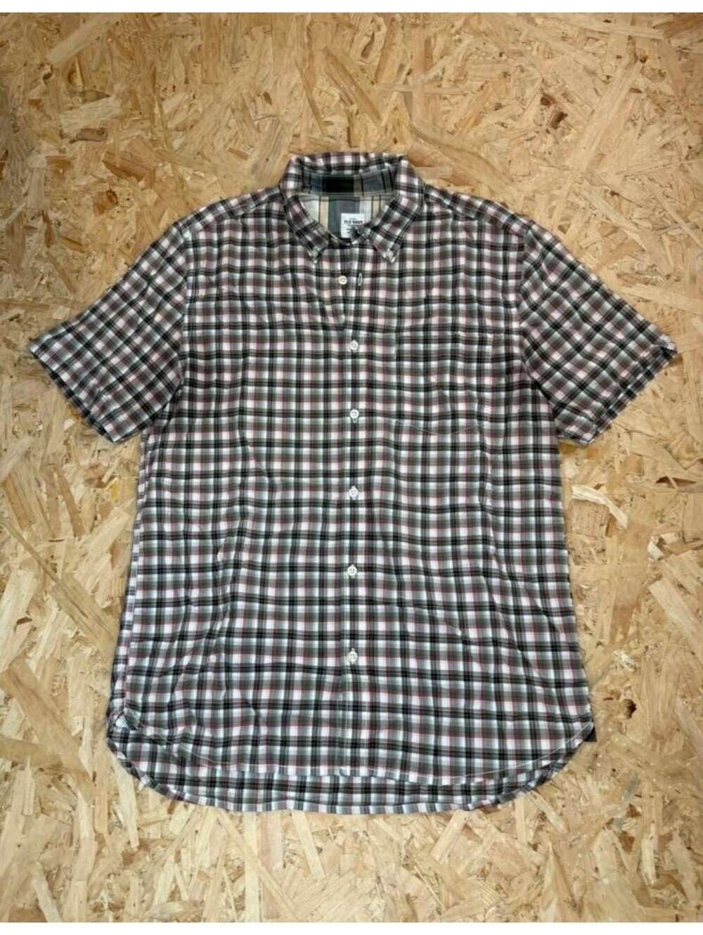 Old Navy Button Down Shirt Mens Medium Gray Red Plaid Short Sleeve Casual Cotton